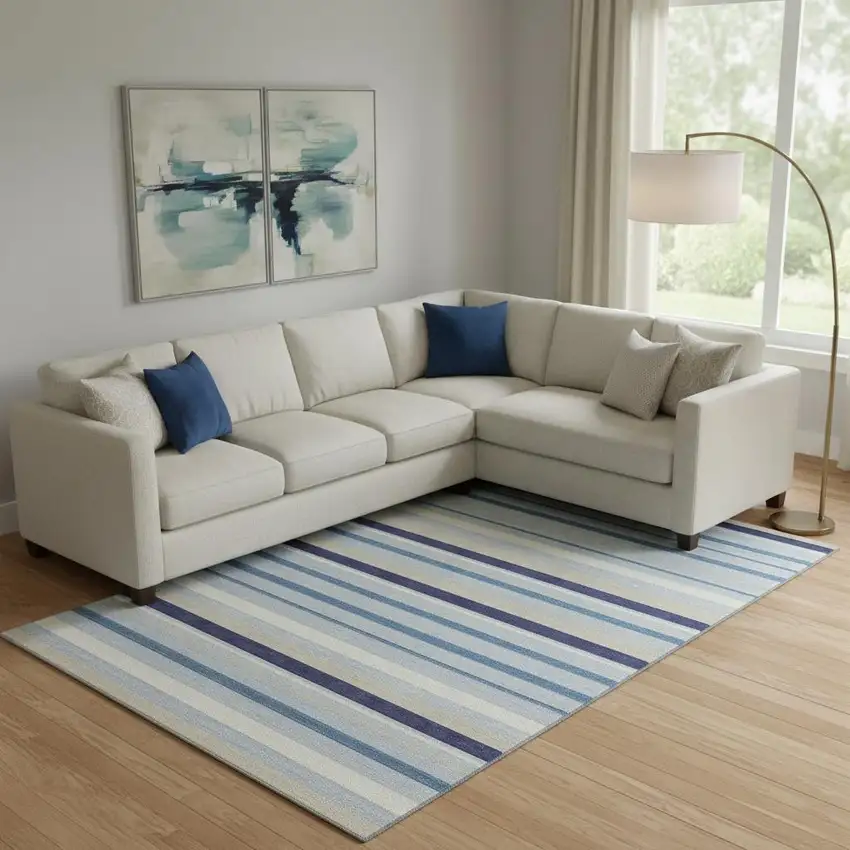 Blue Ivory And Beige Striped Washable Area Rug With UV Protection Photo 1
