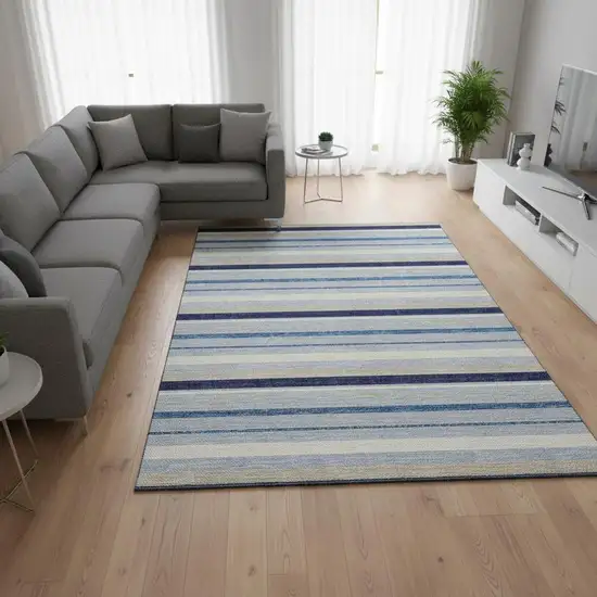 Blue Ivory And Beige Striped Washable Area Rug With UV Protection Photo 2
