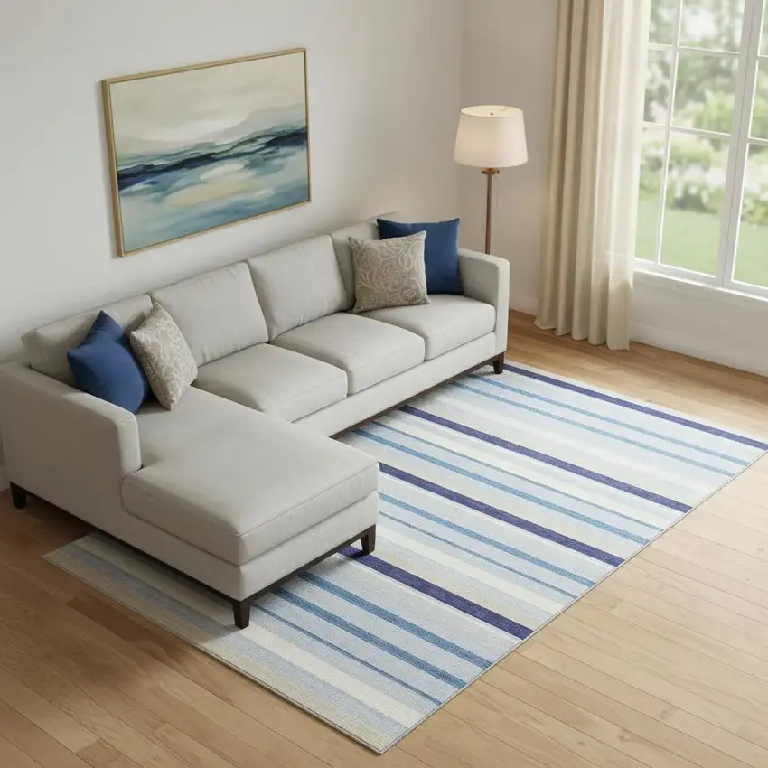 Blue Ivory And Beige Striped Washable Area Rug With UV Protection Photo 1
