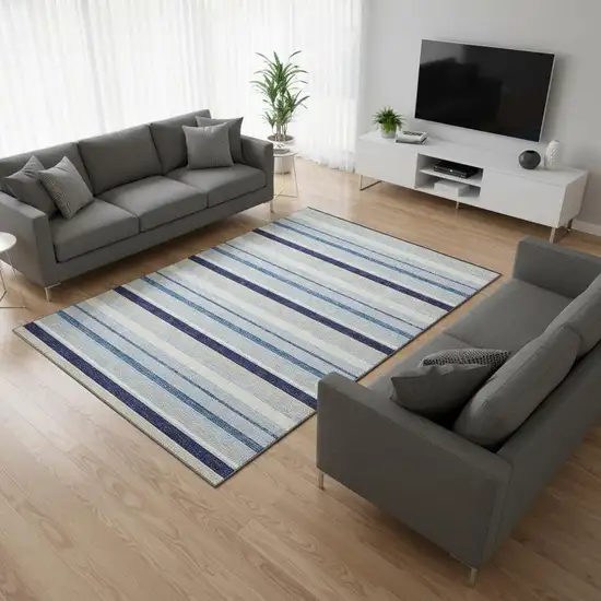Blue Ivory And Beige Striped Washable Area Rug With UV Protection Photo 2