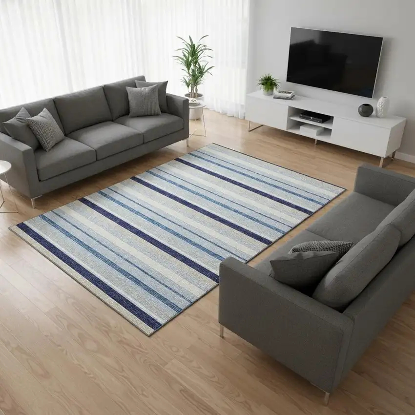 Blue Ivory And Beige Striped Washable Area Rug With UV Protection Photo 2