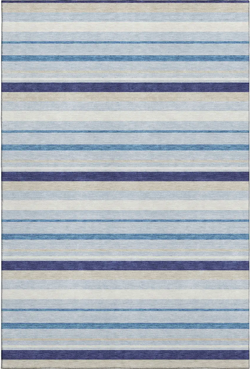 Blue Ivory And Beige Striped Washable Area Rug With UV Protection Photo 1