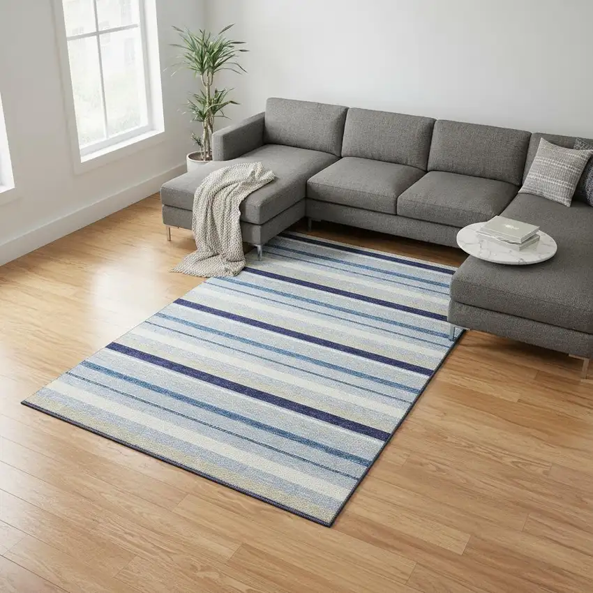 Blue Ivory And Beige Striped Washable Area Rug With UV Protection Photo 2