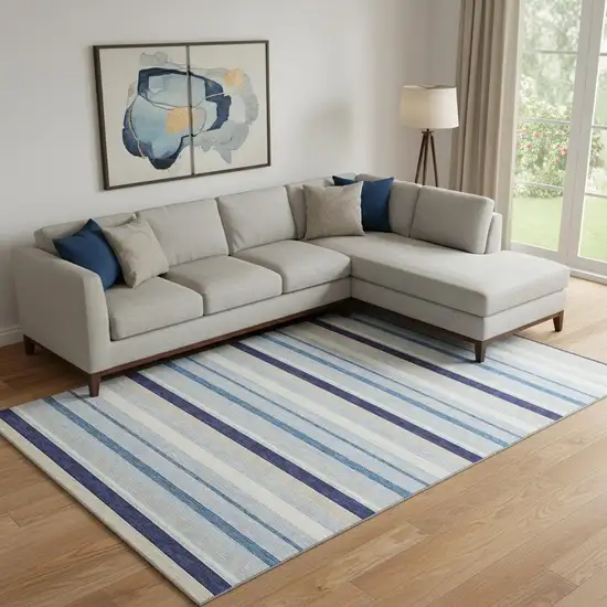 Blue Ivory And Beige Striped Washable Area Rug With UV Protection Photo 1