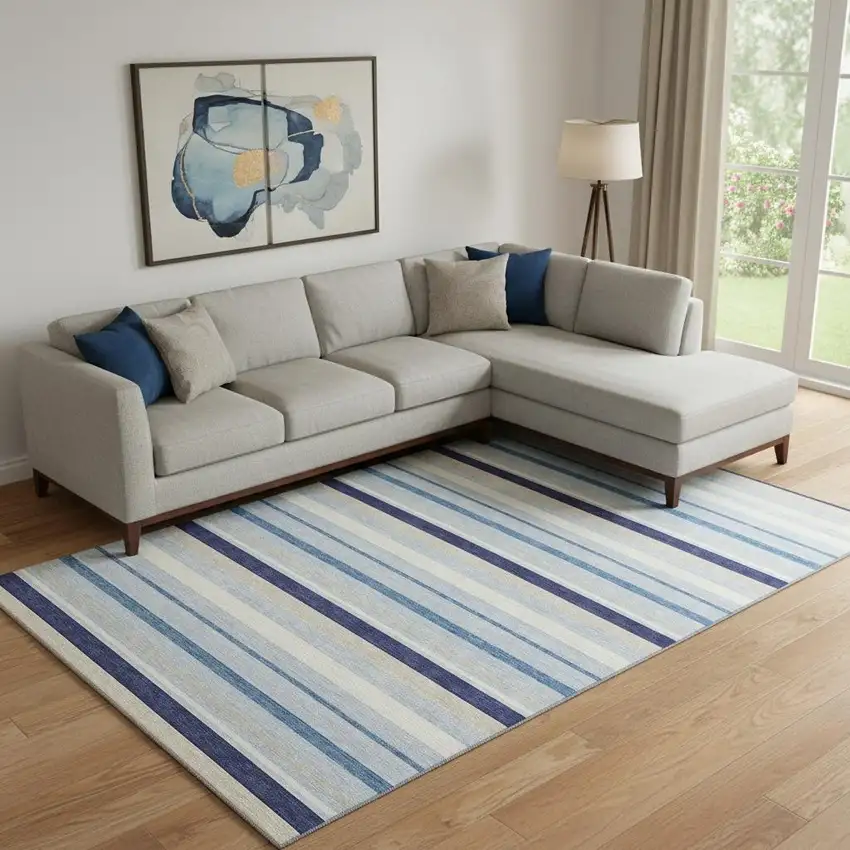 Blue Ivory And Beige Striped Washable Area Rug With UV Protection Photo 1
