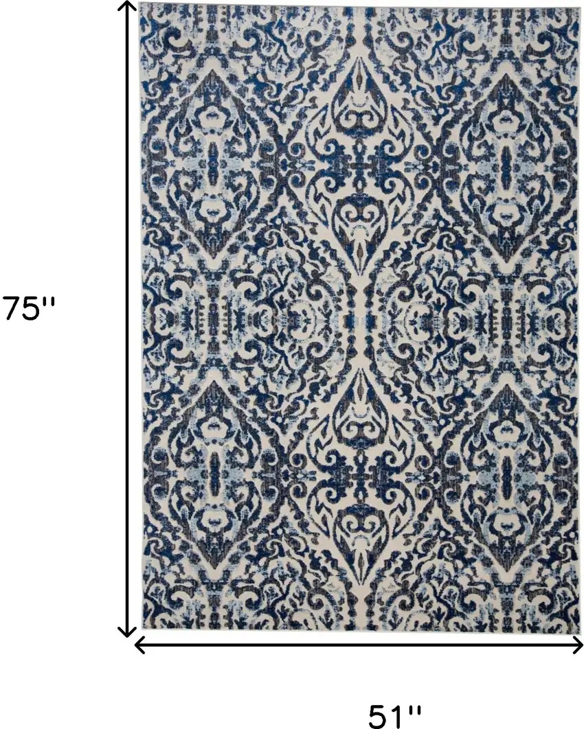 Blue Ivory And Black Floral Distressed Stain Resistant Area Rug Photo 4