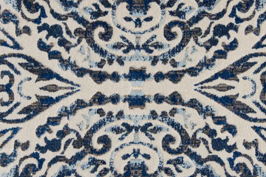 Blue Ivory And Black Floral Distressed Stain Resistant Area Rug Photo 6