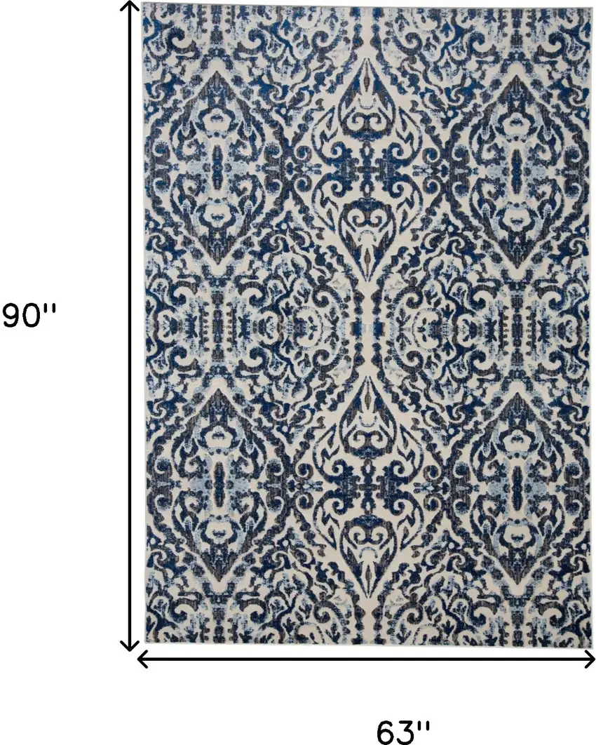 Blue Ivory And Black Floral Distressed Stain Resistant Area Rug Photo 8