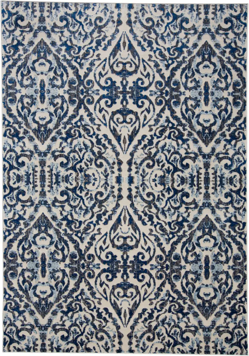 Blue Ivory And Black Floral Distressed Stain Resistant Area Rug Photo 1