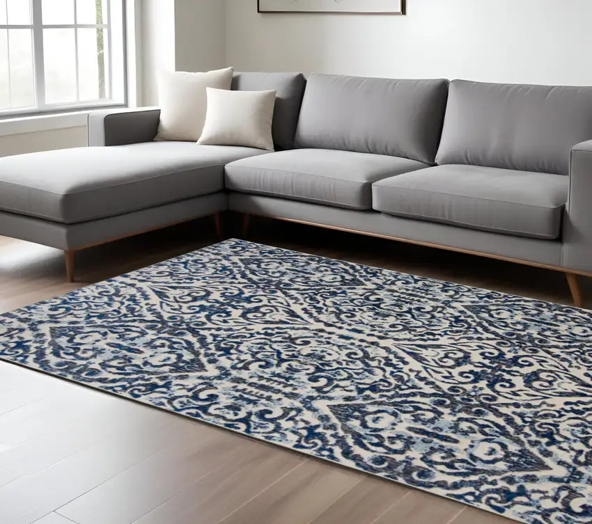 Blue and Ivory Floral Distressed Non Skid Area Rug Photo 1