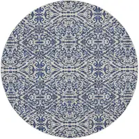 Photo of Blue Ivory And Black Round Floral Distressed Stain Resistant Area Rug