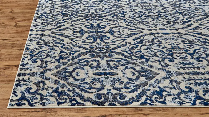 Blue Ivory And Black Round Floral Distressed Stain Resistant Area Rug Photo 7