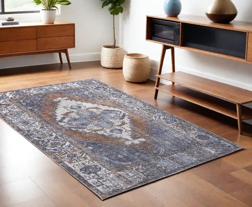 Blue Ivory And Brown Floral Area Rug Photo 1