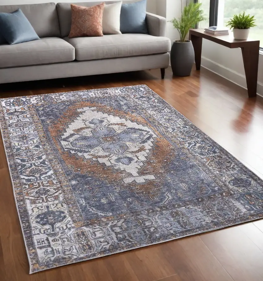 Blue Ivory And Brown Floral Area Rug Photo 1