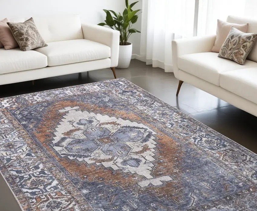 Blue Ivory And Brown Floral Area Rug Photo 1