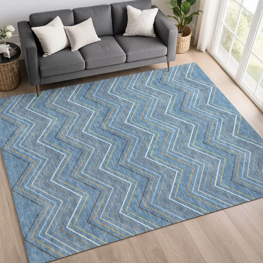 Blue Ivory And Brown Striped Washable Indoor Outdoor Area Rug Photo 5