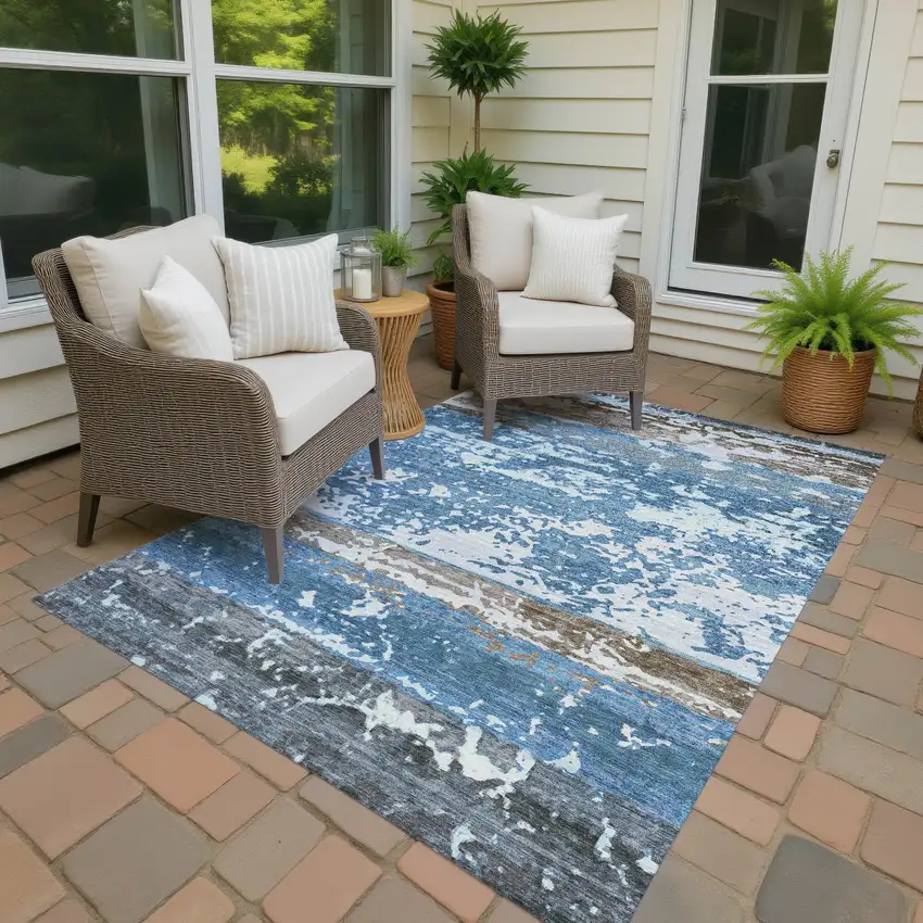 Blue Ivory And Brown Striped Washable Indoor Outdoor Area Rug Photo 4