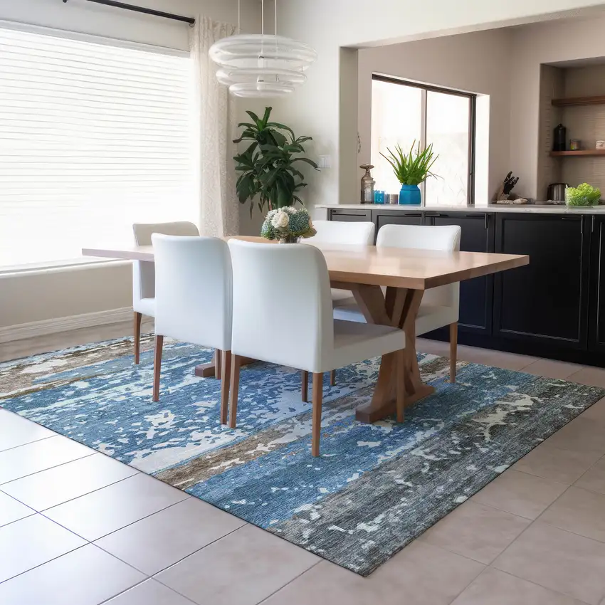 Blue Ivory And Brown Striped Washable Indoor Outdoor Area Rug Photo 6