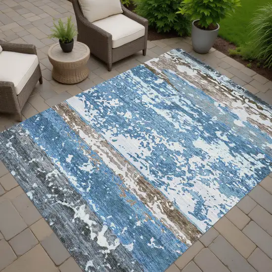 Blue Ivory And Brown Striped Washable Indoor Outdoor Area Rug Photo 7