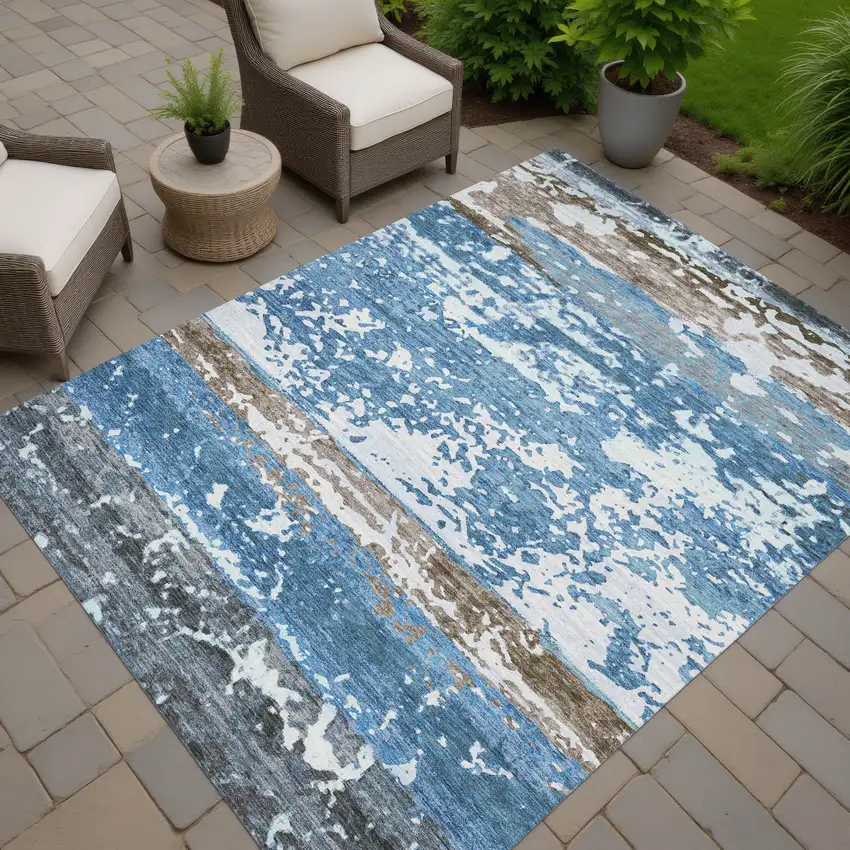 Blue Ivory And Brown Striped Washable Indoor Outdoor Area Rug Photo 7