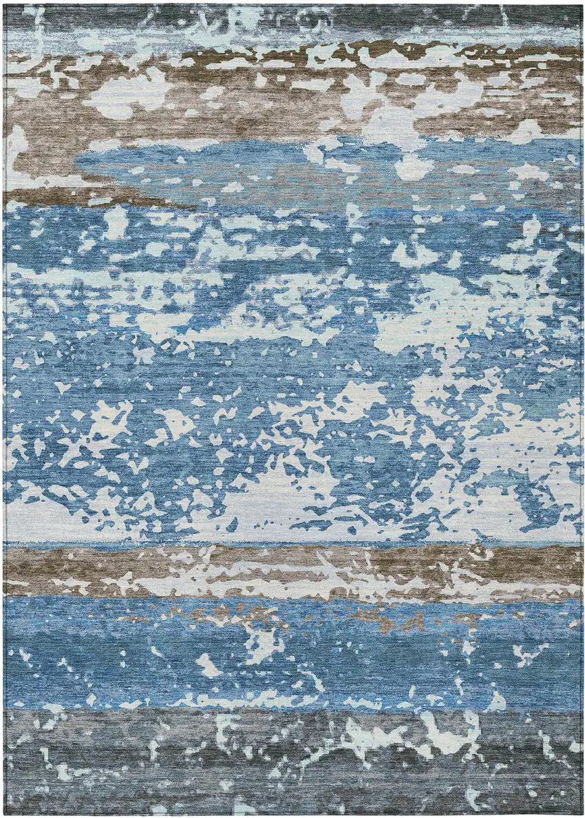 Blue Ivory And Brown Striped Washable Indoor Outdoor Area Rug Photo 9