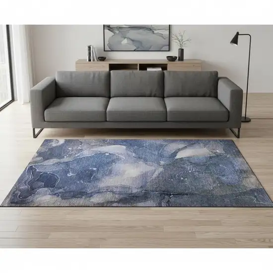 Blue Ivory And Charcoal Abstract Washable Area Rug With UV Protection Photo 1