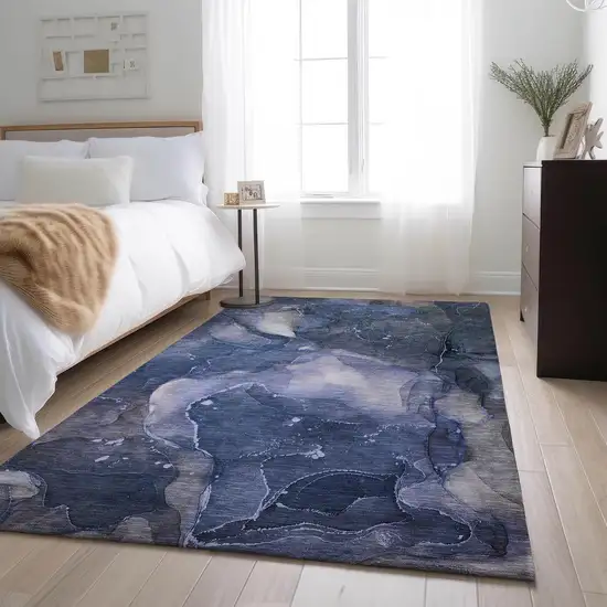 Blue Ivory And Charcoal Abstract Washable Area Rug With UV Protection Photo 5