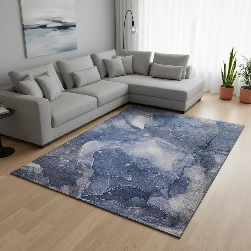 Blue Ivory And Charcoal Abstract Washable Area Rug With UV Protection Photo 1