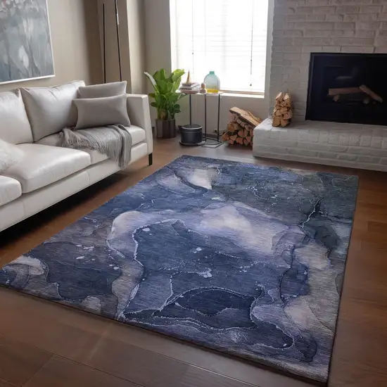 Blue Ivory And Charcoal Abstract Washable Area Rug With UV Protection Photo 6