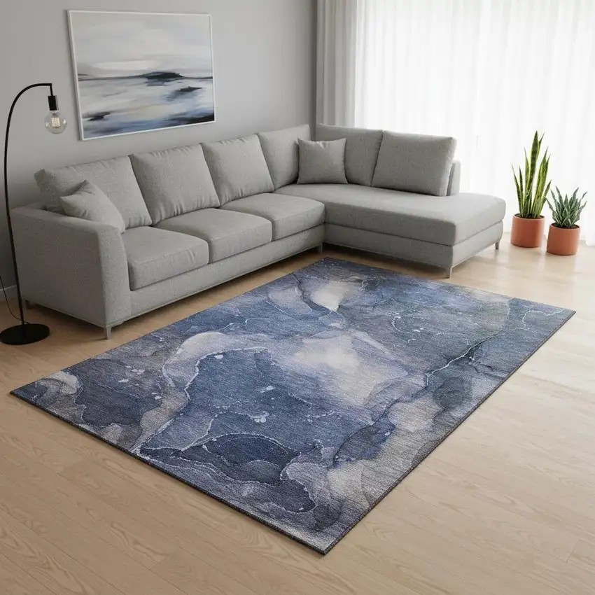 Blue Ivory And Charcoal Abstract Washable Area Rug With UV Protection Photo 1
