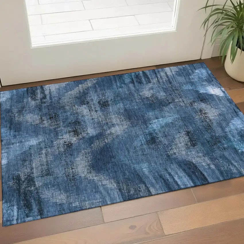 Blue Ivory And Charcoal Abstract Washable Area Rug With UV Protection Photo 1