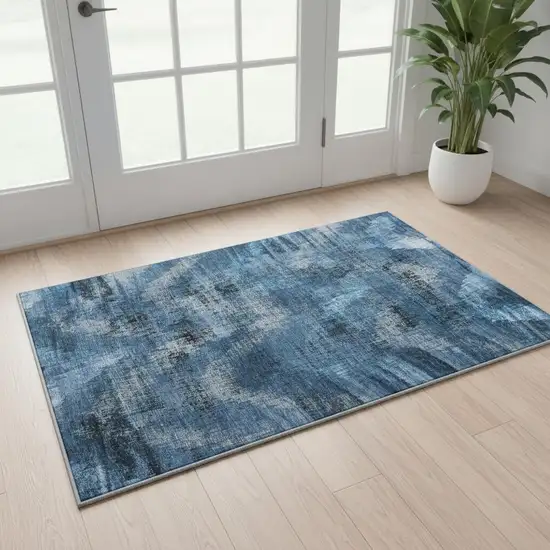 Blue Ivory And Charcoal Abstract Washable Area Rug With UV Protection Photo 2