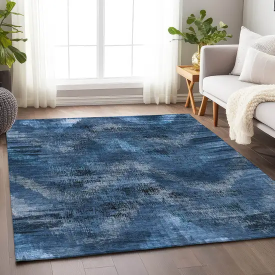 Blue Ivory And Charcoal Abstract Washable Area Rug With UV Protection Photo 6
