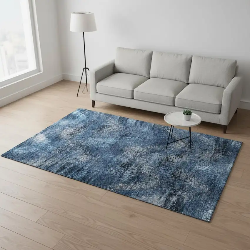 Blue Ivory And Charcoal Abstract Washable Area Rug With UV Protection Photo 2