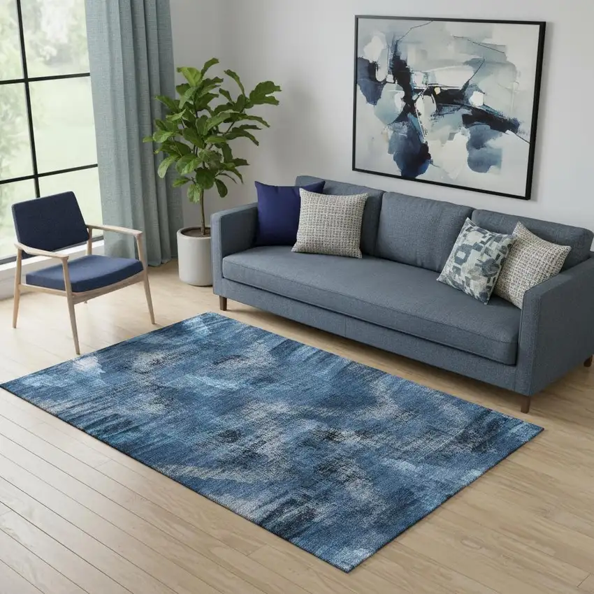 Blue Ivory And Charcoal Abstract Washable Area Rug With UV Protection Photo 1