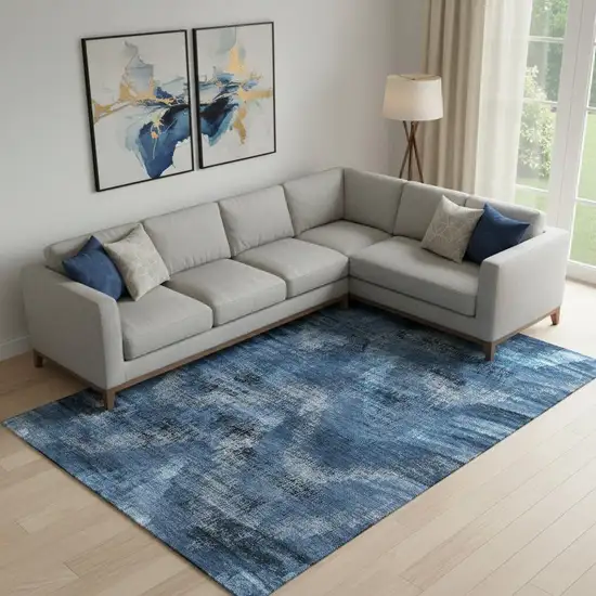 Blue Ivory And Charcoal Abstract Washable Area Rug With UV Protection Photo 1