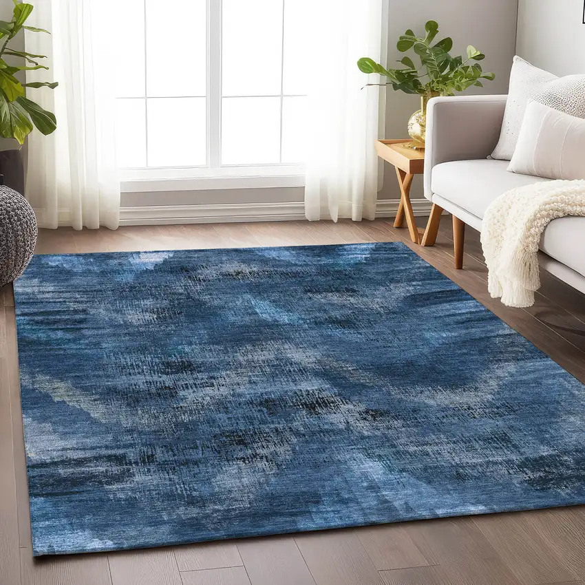 Blue Ivory And Charcoal Abstract Washable Area Rug With UV Protection Photo 6