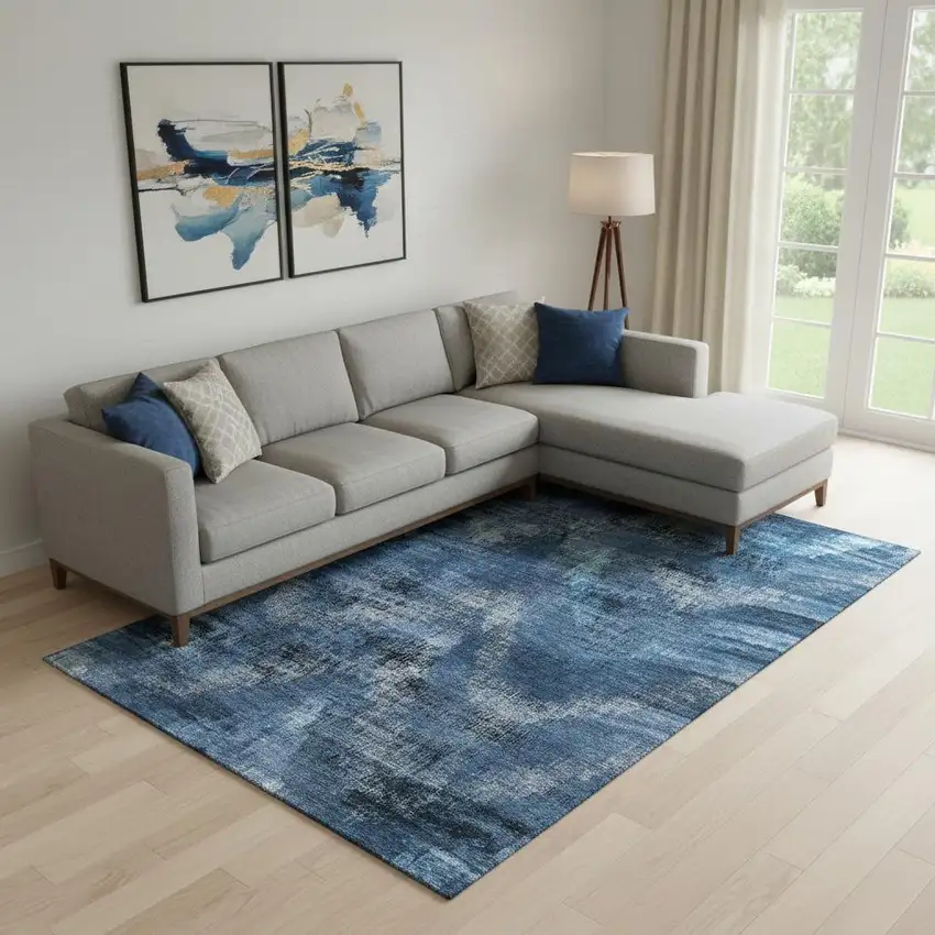 Blue Ivory And Charcoal Abstract Washable Area Rug With UV Protection Photo 1