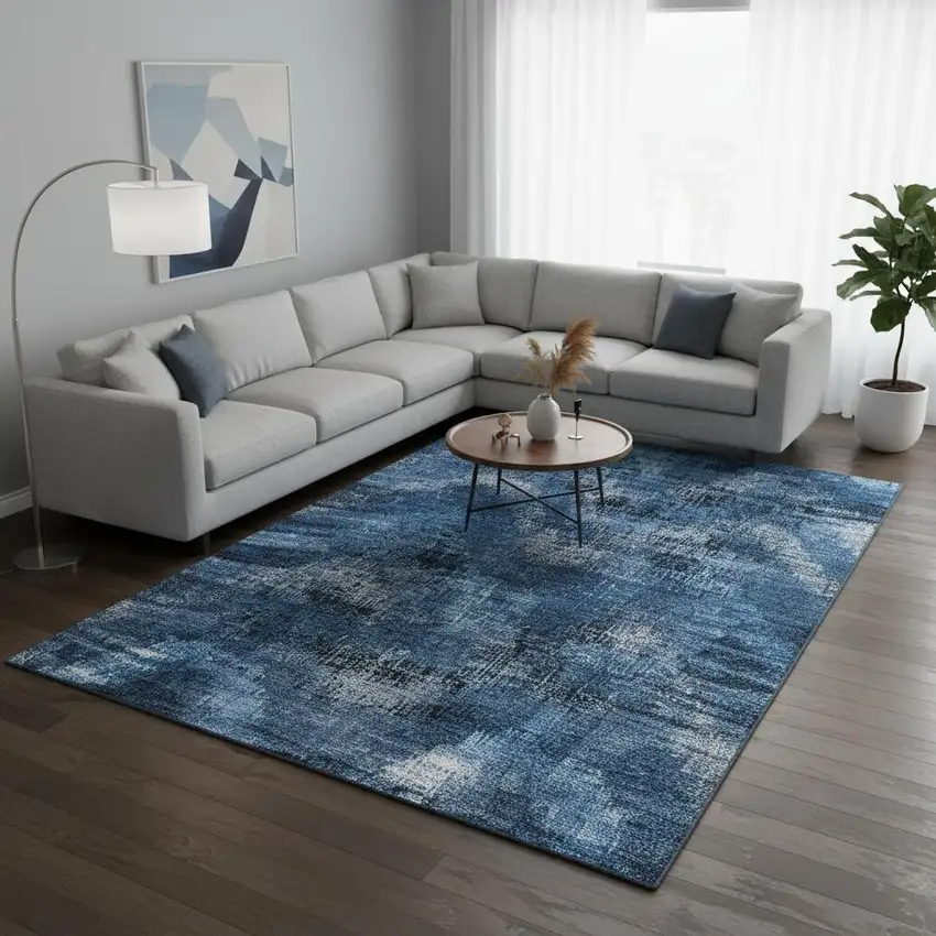 Blue Ivory And Charcoal Abstract Washable Area Rug With UV Protection Photo 2