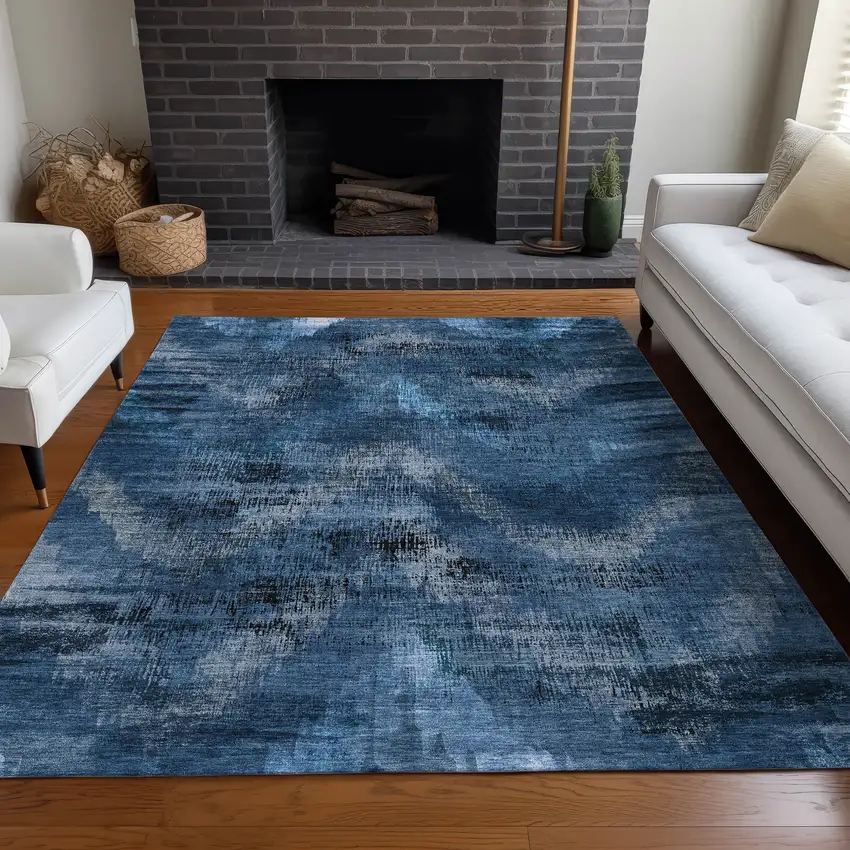 Blue Ivory And Charcoal Abstract Washable Area Rug With UV Protection Photo 5