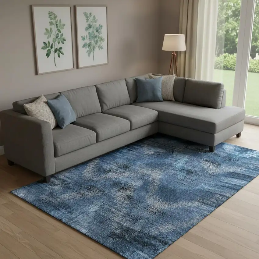 Blue Ivory And Charcoal Abstract Washable Area Rug With UV Protection Photo 1