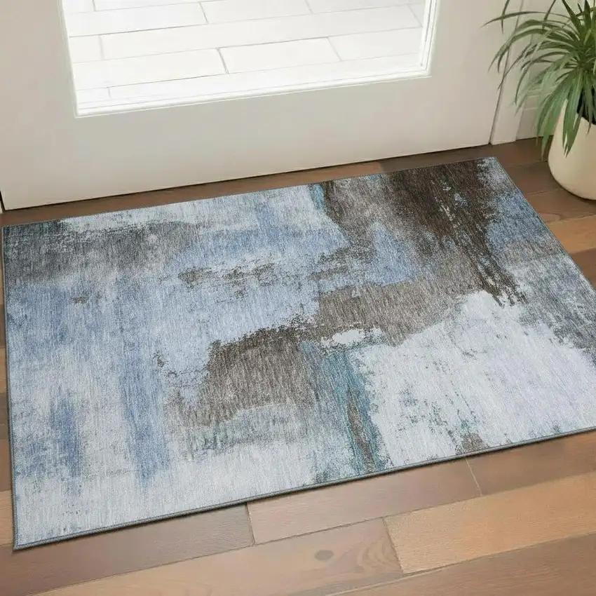 Blue Ivory And Charcoal Abstract Washable Area Rug With UV Protection Photo 2