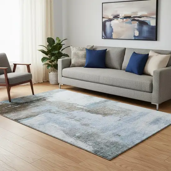 Blue Ivory And Charcoal Abstract Washable Area Rug With UV Protection Photo 2
