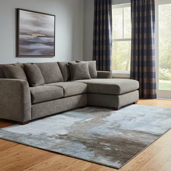 Blue Ivory And Charcoal Abstract Washable Area Rug With UV Protection Photo 2