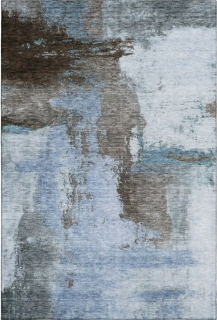 Blue Ivory And Charcoal Abstract Washable Area Rug With UV Protection Photo 1