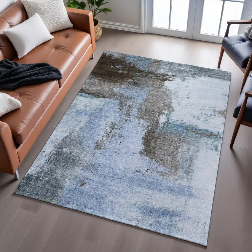 Blue Ivory And Charcoal Abstract Washable Area Rug With UV Protection Photo 5