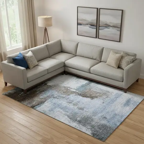 Blue Ivory And Charcoal Abstract Washable Area Rug With UV Protection Photo 2
