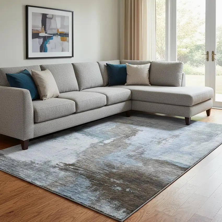 Blue Ivory And Charcoal Abstract Washable Area Rug With UV Protection Photo 2