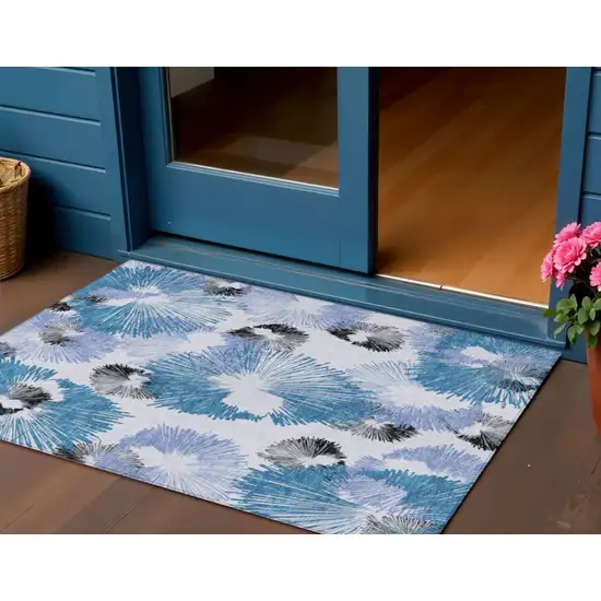 Blue Ivory And Charcoal Floral Washable Indoor Outdoor Area Rug Photo 2