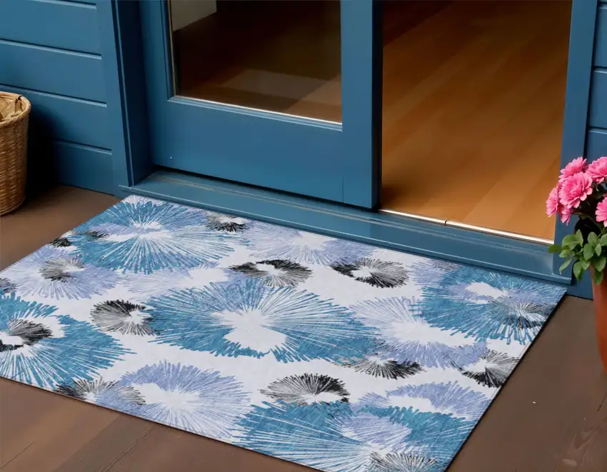 Blue Ivory And Charcoal Floral Washable Indoor Outdoor Area Rug Photo 2